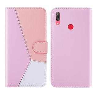 For Huawei Y7 (2019) Tricolor Stitching Horizontal Flip TPU + PU Leather Case with Holder & Card Slots & Wallet(Pink)