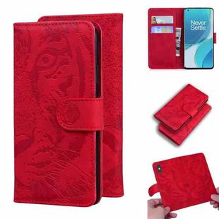 For OnePlus 9 Tiger Embossing Pattern Horizontal Flip Leather Case with Holder & Card Slots & Wallet(Red)