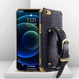 For iPhone SE 2022 / SE 2020 / 8 / 7 Electroplated TPU Crocodile Pattern Leather Case with Wrist Strap(Black)