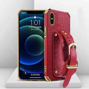 For iPhone X / XS Electroplated TPU Crocodile Pattern Leather Case with Wrist Strap(Red)