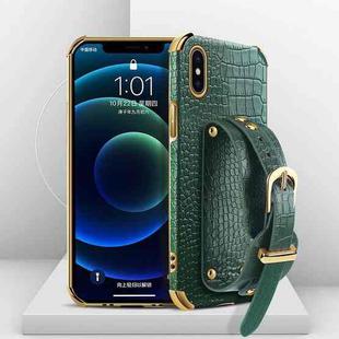 For iPhone X / XS Electroplated TPU Crocodile Pattern Leather Case with Wrist Strap(Green)