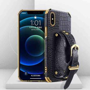 For iPhone X / XS Electroplated TPU Crocodile Pattern Leather Case with Wrist Strap(Black)