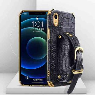 For iPhone XR Electroplated TPU Crocodile Pattern Leather Case with Wrist Strap(Black)
