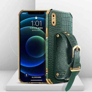 For iPhone XS Max Electroplated TPU Crocodile Pattern Leather Case with Wrist Strap(Green)