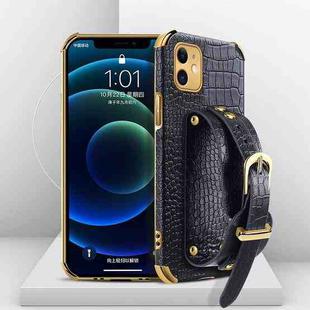 For iPhone 11 Electroplated TPU Crocodile Pattern Leather Case with Wrist Strap (Black)