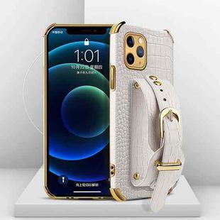 For iPhone 11 Pro Electroplated TPU Crocodile Pattern Leather Case with Wrist Strap (White)