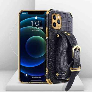 For iPhone 11 Pro Electroplated TPU Crocodile Pattern Leather Case with Wrist Strap (Black)