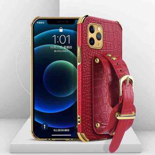 For iPhone 11 Pro Max Electroplated TPU Crocodile Pattern Leather Case with Wrist Strap (Red)