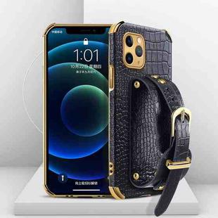 For iPhone 11 Pro Max Electroplated TPU Crocodile Pattern Leather Case with Wrist Strap (Black)