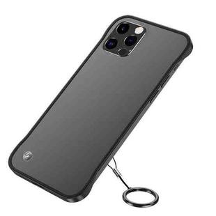For iPhone 11 Pro Max Frosted Soft Four-corner Shockproof Case with Finger Ring Strap & Metal Lens Cover(Black)
