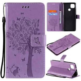 For Motorola Moto G9 Power Tree & Cat Pattern Pressed Printing Horizontal Flip PU Leather Case with Holder & Card Slots & Wallet & Lanyard(Light Purple)