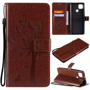 For Motorola Moto G9 Power Tree & Cat Pattern Pressed Printing Horizontal Flip PU Leather Case with Holder & Card Slots & Wallet & Lanyard(Coffee)