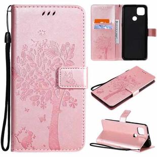 For Motorola Moto G9 Power Tree & Cat Pattern Pressed Printing Horizontal Flip PU Leather Case with Holder & Card Slots & Wallet & Lanyard(Rose Gold)