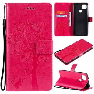 For Motorola Moto G9 Power Tree & Cat Pattern Pressed Printing Horizontal Flip PU Leather Case with Holder & Card Slots & Wallet & Lanyard(Rose Red)