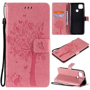 For Motorola Moto G9 Power Tree & Cat Pattern Pressed Printing Horizontal Flip PU Leather Case with Holder & Card Slots & Wallet & Lanyard(Pink)