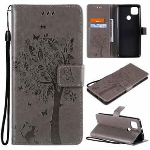 For Motorola Moto G9 Power Tree & Cat Pattern Pressed Printing Horizontal Flip PU Leather Case with Holder & Card Slots & Wallet & Lanyard(Grey)