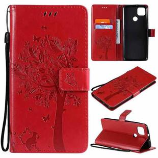 For Motorola Moto G9 Power Tree & Cat Pattern Pressed Printing Horizontal Flip PU Leather Case with Holder & Card Slots & Wallet & Lanyard(Red)