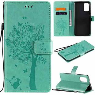 For Xiaomi Redmi Note 9 4G Tree & Cat Pattern Pressed Printing Horizontal Flip PU Leather Case with Holder & Card Slots & Wallet & Lanyard(Green)