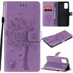 For Xiaomi Redmi Note 9 4G Tree & Cat Pattern Pressed Printing Horizontal Flip PU Leather Case with Holder & Card Slots & Wallet & Lanyard(Light Purple)