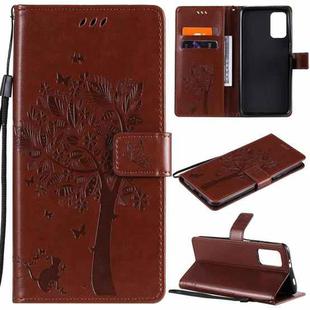 For Xiaomi Redmi Note 9 4G Tree & Cat Pattern Pressed Printing Horizontal Flip PU Leather Case with Holder & Card Slots & Wallet & Lanyard(Coffee)