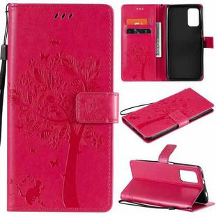For Xiaomi Redmi Note 9 4G Tree & Cat Pattern Pressed Printing Horizontal Flip PU Leather Case with Holder & Card Slots & Wallet & Lanyard(Rose Red)