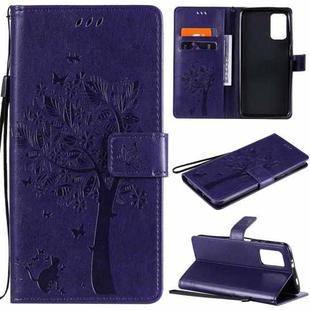 For Xiaomi Redmi Note 9 4G Tree & Cat Pattern Pressed Printing Horizontal Flip PU Leather Case with Holder & Card Slots & Wallet & Lanyard(Purple)