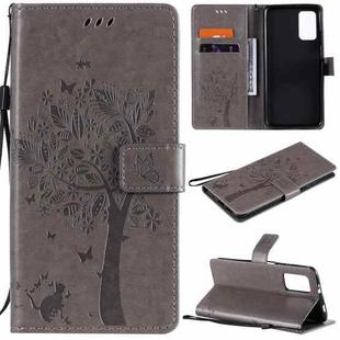 For Xiaomi Redmi Note 9 4G Tree & Cat Pattern Pressed Printing Horizontal Flip PU Leather Case with Holder & Card Slots & Wallet & Lanyard(Grey)