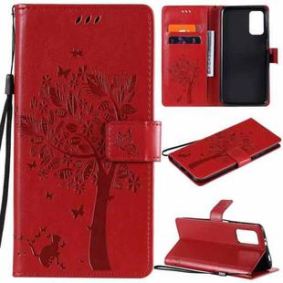 For Xiaomi Redmi Note 9 4G Tree & Cat Pattern Pressed Printing Horizontal Flip PU Leather Case with Holder & Card Slots & Wallet & Lanyard(Red)