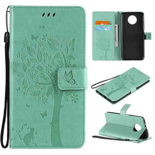 For Xiaomi Redmi Note 9 5G Tree & Cat Pattern Pressed Printing Horizontal Flip PU Leather Case with Holder & Card Slots & Wallet & Lanyard(Green)