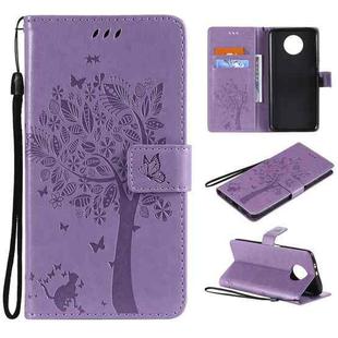 For Xiaomi Redmi Note 9 5G Tree & Cat Pattern Pressed Printing Horizontal Flip PU Leather Case with Holder & Card Slots & Wallet & Lanyard(Light Purple)