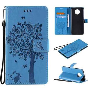 For Xiaomi Redmi Note 9 5G Tree & Cat Pattern Pressed Printing Horizontal Flip PU Leather Case with Holder & Card Slots & Wallet & Lanyard(Blue)