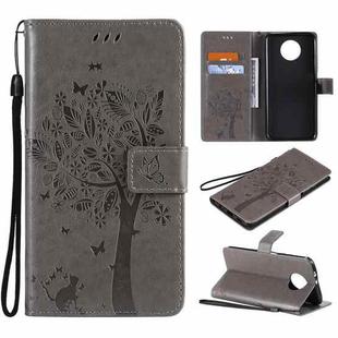 For Xiaomi Redmi Note 9 5G Tree & Cat Pattern Pressed Printing Horizontal Flip PU Leather Case with Holder & Card Slots & Wallet & Lanyard(Grey)