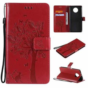 For Xiaomi Redmi Note 9 5G Tree & Cat Pattern Pressed Printing Horizontal Flip PU Leather Case with Holder & Card Slots & Wallet & Lanyard(Red)