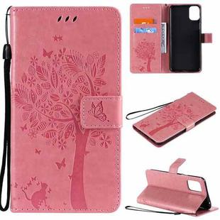 For LG K42 Tree & Cat Pattern Pressed Printing Horizontal Flip PU Leather Case with Holder & Card Slots & Wallet & Lanyard(Pink)