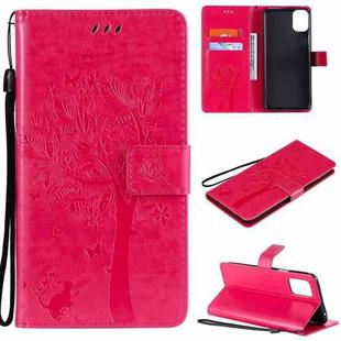 For LG K42 Tree & Cat Pattern Pressed Printing Horizontal Flip PU Leather Case with Holder & Card Slots & Wallet & Lanyard(Rose Red)