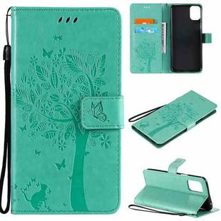 For LG K42 Tree & Cat Pattern Pressed Printing Horizontal Flip PU Leather Case with Holder & Card Slots & Wallet & Lanyard(Green)