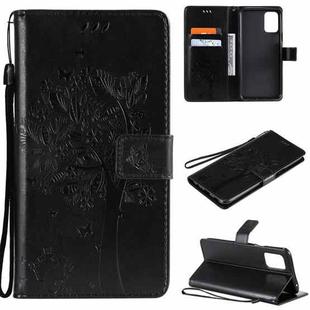 For LG K52 Tree & Cat Pattern Pressed Printing Horizontal Flip PU Leather Case with Holder & Card Slots & Wallet & Lanyard(Black)