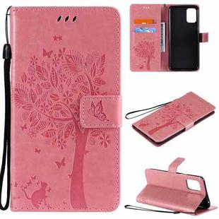 For LG K52 Tree & Cat Pattern Pressed Printing Horizontal Flip PU Leather Case with Holder & Card Slots & Wallet & Lanyard(Pink)