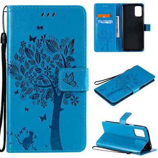 For LG K52 Tree & Cat Pattern Pressed Printing Horizontal Flip PU Leather Case with Holder & Card Slots & Wallet & Lanyard(Blue)