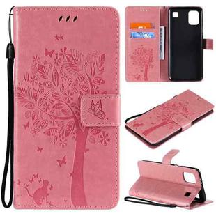 For LG K92 5G Tree & Cat Pattern Pressed Printing Horizontal Flip PU Leather Case with Holder & Card Slots & Wallet & Lanyard(Pink)