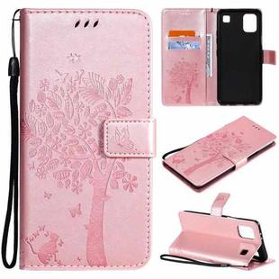 For LG K92 5G Tree & Cat Pattern Pressed Printing Horizontal Flip PU Leather Case with Holder & Card Slots & Wallet & Lanyard(Rose Gold)