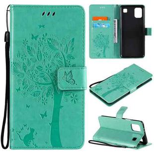 For LG K92 5G Tree & Cat Pattern Pressed Printing Horizontal Flip PU Leather Case with Holder & Card Slots & Wallet & Lanyard(Green)
