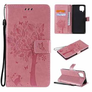 For Samsung Galaxy A12 Tree & Cat Pattern Pressed Printing Horizontal Flip PU Leather Case with Holder & Card Slots & Wallet & Lanyard(Pink)