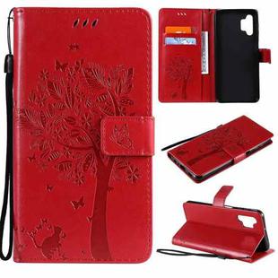 For Samsung Galaxy A32 5G Tree & Cat Pattern Pressed Printing Horizontal Flip PU Leather Case with Holder & Card Slots & Wallet & Lanyard(Red)