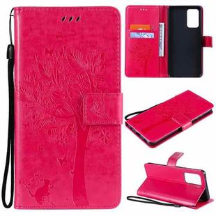 For Samsung Galaxy A52 5G Tree & Cat Pattern Pressed Printing Horizontal Flip PU Leather Case with Holder & Card Slots & Wallet & Lanyard(Rose)