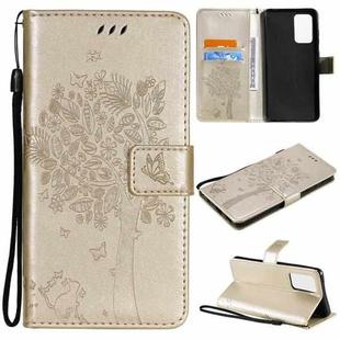 For Samsung Galaxy A52 5G Tree & Cat Pattern Pressed Printing Horizontal Flip PU Leather Case with Holder & Card Slots & Wallet & Lanyard(Gold)