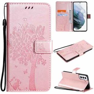 For Samsung Galaxy S21+ 5G Tree & Cat Pattern Pressed Printing Horizontal Flip PU Leather Case with Holder & Card Slots & Wallet & Lanyard(Rose gold)
