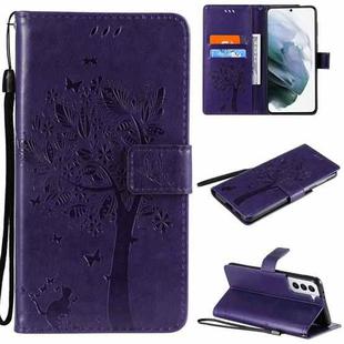 For Samsung Galaxy S21+ 5G Tree & Cat Pattern Pressed Printing Horizontal Flip PU Leather Case with Holder & Card Slots & Wallet & Lanyard(Purple)
