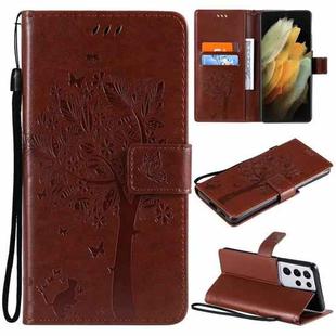 For Samsung Galaxy S21 Ultra 5G Tree & Cat Pattern Pressed Printing Horizontal Flip PU Leather Case with Holder & Card Slots & Wallet & Lanyard(Coffee)