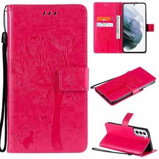 For Samsung Galaxy S21 5G Tree & Cat Pattern Pressed Printing Horizontal Flip PU Leather Case with Holder & Card Slots & Wallet & Lanyard(Rose)